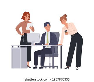 Young man is sitting at a desk with computer and his colleague giving advice. Office business concept. Vector illustration in a flat style