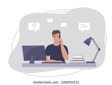 Young man sitting at a desk with computer responding to a call. Flat style. Vector illustration 