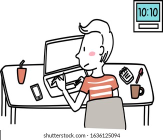 Young man sitting at desk, concentrated on laptop screen and typing on keyboard. Man working overtime at desk. Boy studying hard at desk with laptop computer, phone, coffee cups and notepad.