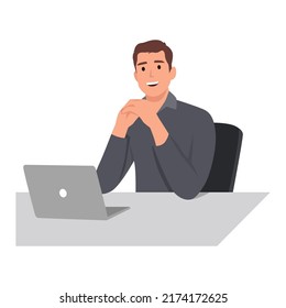 Young man sitting at desk deep in thought working on laptop in office. Flat vector illustration isolated on white background