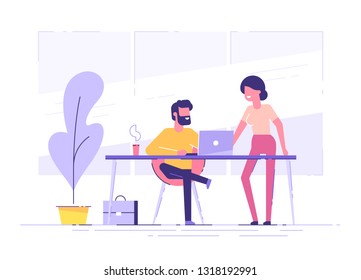 Young man is sitting at a desk with laptop and his colleague is pointing to a screen and giving advice. Office business concept. Modern vector illustration.