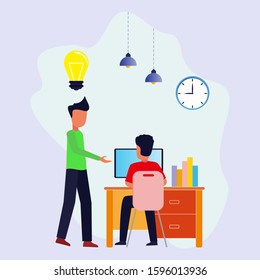 Young man is sitting at a desk with laptop and his colleague is pointing to a screen and giving advice. Office business concept. Modern vector illustration.
