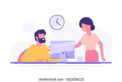 Young man is sitting at a desk with monitor and his colleague is pointing to a screen and giving advice. Business tutor, mentor, trainer. Office business concept. Modern vector illustration.