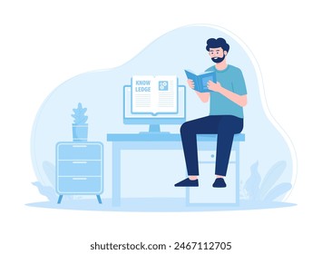 Young man sitting at a desk studying reading an online educational book trending concept flat illustration