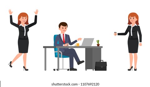 Young man sitting at the desk, using laptop. Young woman holding coffee, happily laughing. Vector illustration of cartoon character casual working day