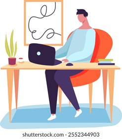 Young man sitting at desk using laptop, working remotely from home office, enjoying comfortable and productive workspace with cup of coffee and books