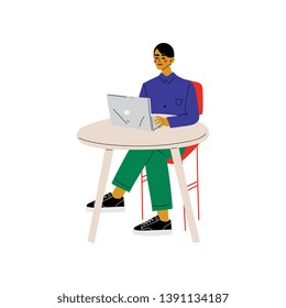 Young Man Sitting at Desk and Working on Laptop Computer, Freelance or Social Network Concept Vector Illustration