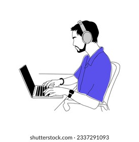 Young man sitting at the desk, working at laptop. Handsome bearded guy in headphones typing on computer. Vector simple outline drawing for graphic, web design Isolated on white background