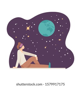 Young Man Sitting in Digital Glasses on Floor and Watching Starry Sky Projection Vector Illustration