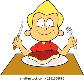 Young man sitting down to eat a large steak