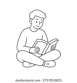 Young man sitting floor and reading a book. Student studying while sitting on the ground