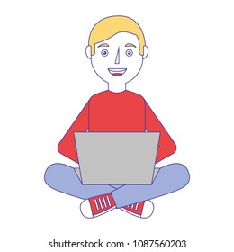 young man sitting in floor using laptop