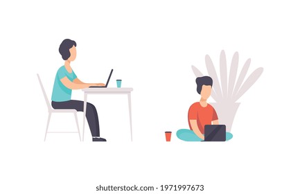 Young Man Sitting in Front of Laptop and Working from Home Vector Set