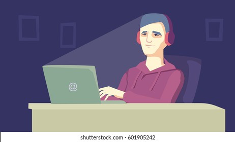 Young man sitting in front of laptop in the evening. Vector graphics