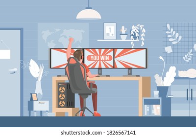 Young Man Sitting In Gaming Chair And Playing Video Games On Computer Vector Flat Illustration. Gamer, Cyber Sport, Electronic Entertainment, Online Gaming Concept. Professional Gamers Competition.