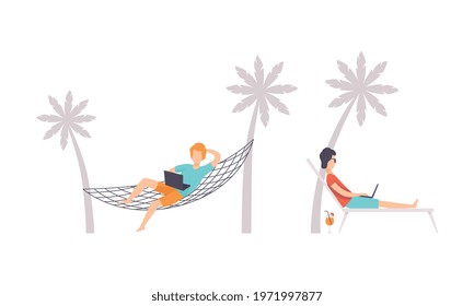 Young Man Sitting in Hammock in Front of Laptop and Working from Home Vector Set