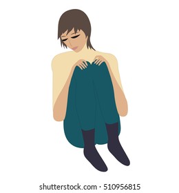 young man sitting head bowed and hands holding knee reflects isolated on white background art creative vector illustration