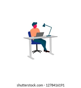 Young man sitting at his desk in the office. Man is working at his laptop. Vector isolated flat illustration - Vector