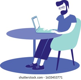 Young man sitting at his desk using laptop monochrome flat vector illustration 