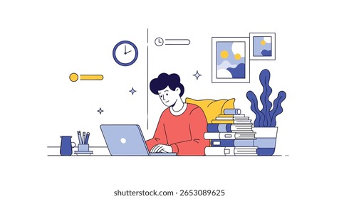 Young man sitting at his desk working diligently on his laptop surrounded by art and books