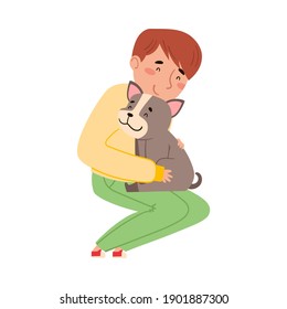 Young Man Sitting with His Dog Puppy Vector Illustration
