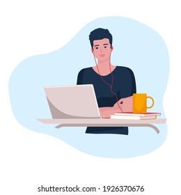 A young man is sitting at his laptop with headphones on. There are books and a cup of coffee on the table. Cartoon style, vector