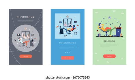 Young man sitting with his legs on desk, dreaming and resting instead of working. Procrastinating office worker, student. Vector Illustration in flat cartoon style. Use in Web Project and Applications