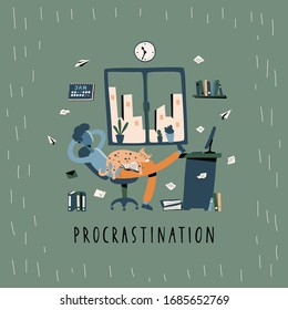 Young man sitting with his legs on desk, dreaming and procrastinating instead of working. Resting office worker, student. Vector Illustration in flat cartoon style