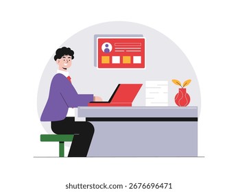 Ein junger Mann sitzt in seinem Büro, sein erstes Praktikum im Büro. Zeichendesign. Flache Vektorgrafik