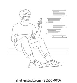 Young man is sitting and holding phone. Outline vector illustration.
