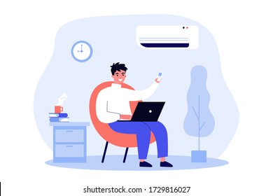 Young man sitting in home chair under air conditioner flat vector illustration. Cartoon guy relaxing at home with laptop computer. Summer and technology concept