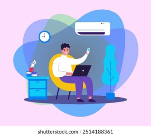 Young man sitting in home chair under air conditioner flat vector illustration. Cartoon guy relaxing at home with laptop computer. Summer and technology concept