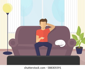 Young man sitting at home on the sofa watching tv and relaxing with cat. Flat illustration of resting at home on couch and spending time watching serials, tv show or sport channels