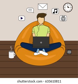 Young man sitting at home and working with laptop. Flat modern design of social networking and texting to friends. Vector  of the man chatting with people using laptop. freelancer working at home
