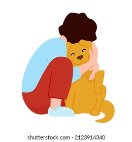 Young man sitting and hugging a big dog