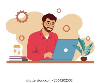 A young man is sitting at a laptop. The concept of working from home, online, freelancing. Vector illustration.