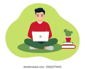 A young man is sitting at a laptop. The concept of working from home, online, freelancing. Vector illustration.