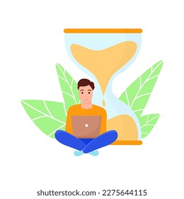 Young man sitting with laptop and hourglass. Freelance, online studying, work from home concept. Vector illustration in flat style.