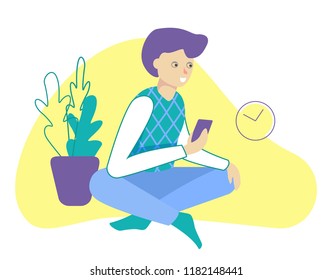 young man sitting with a laptop. Office, coworking. Vector illustration, white background.