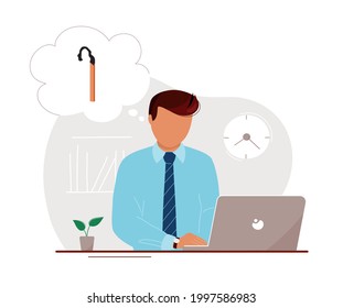 Young man sitting at laptop in office until late. Burned match in cloud bubble. Flat cartoon modern trendy style.Vector illustration character icon. Workplace burnout concept. 