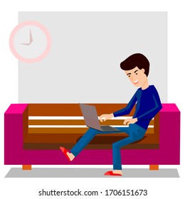 Young man is sitting with laptop on the sofa at home. Working on a computer. Freelance, online education or social media concept. Vector illustration isolated on white