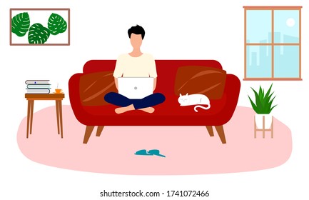 Young man sitting with laptop on the couch. Working at home, freelance or studying online  concept. Cute vector illustration in flat style.