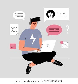 A young man is sitting with a laptop on the floor. Busy person working at home. Project manager works at home. Everyday life of a freelance worker, everyday routine. Vector flat cartoon illustration.