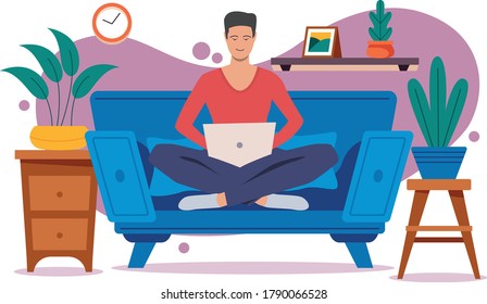 Young man is sitting with laptop on the sofa at home. Working on a computer. Freelance, online education or social media concept. Vector illustration isolated on white