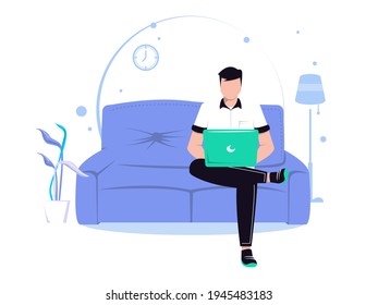 Young man is sitting with laptop on the sofa at home. Working on a computer. Freelance, online education or social media concept. Vector illustration isolated on white
