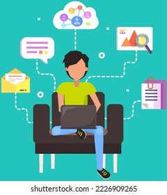 Young man sitting with laptop on his knees, email, message, contacts, photo gallery icons set. Work, study at home. Freelancer. Course of study. Video conference. Concept of remote work, access