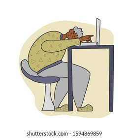 Young man  sitting at the laptop and sleeping. Exhausted character at work. Flat vector illustration.