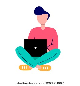 Joven sentado con una laptop. Ilustración vectorial. Aislado sobre un fondo blanco.