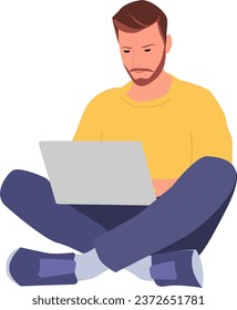 Joven sentado con una laptop. Trabajando en el ordenador. Autónomo. Educación en línea. Estilo plano. Ilustración del vector	
