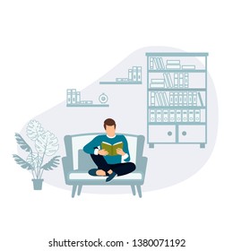 Young man sitting in the library reading a book on the background of bookshelves. The concept of modern learning and communication of young people. Vector flat illustration